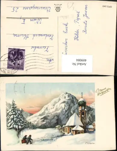 409084,Künstler AK F. Milan Weihnachten Winterlandschaft Kirche Bergkulisse