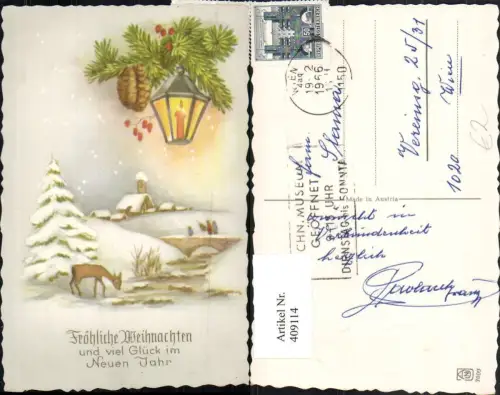 409114,Künstler AK Weihnachten Winterlandschaft Reh Laterne Tannenzweig