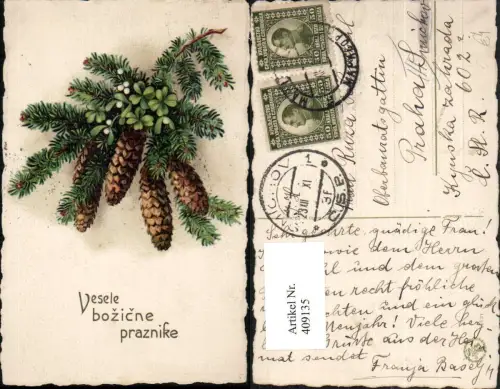 409135,Künstler AK Weihnachten Tannenzweig Zapfen