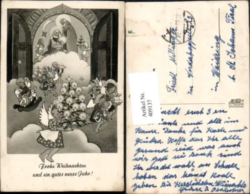 409137,Künstler AK Weihnachten Heilige Familie Engeln Weihnachtsbaum Geschenke