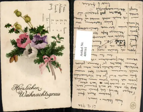 409161,Künstler AK Weihnachten Tannenzweig Anemonen Blumen