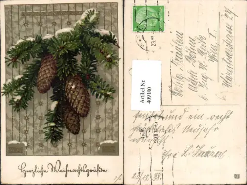 409180,Künstler AK Weihnachten Tannenzweig Zapfen