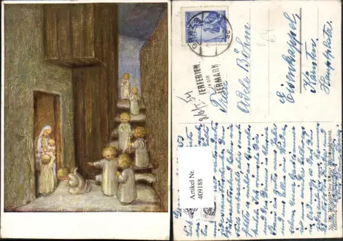 409188,Künstler AK M. Spötl Weihnachten Kinder Weihnachtsgang Tür