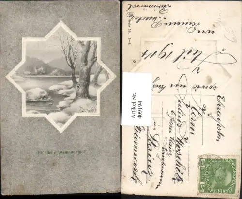 409194,Präge Künstler AK Weihnachten Winterlandschaft Passepartout Stern