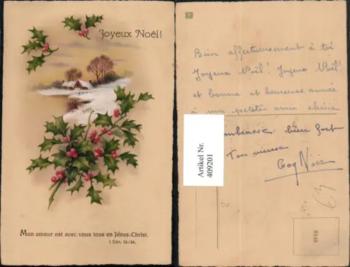 409201,Künstler AK Weihnachten Winterlandschaft Stechpalmen