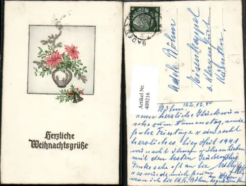 409216,Künstler AK Weihnachten Blumen Vase Glocke