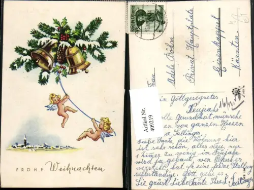 409219,Künstler AK Weihnachten Engeln Tannenzweige Glocken