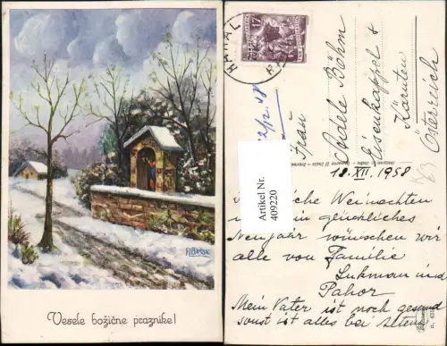 409220,Künstler AK A. Bassl Weihnachten Winterlandschaft Andacht