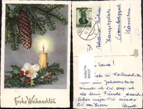 409225,Künstler AK Weihnachten Tannenzweige Zapfen Kerze