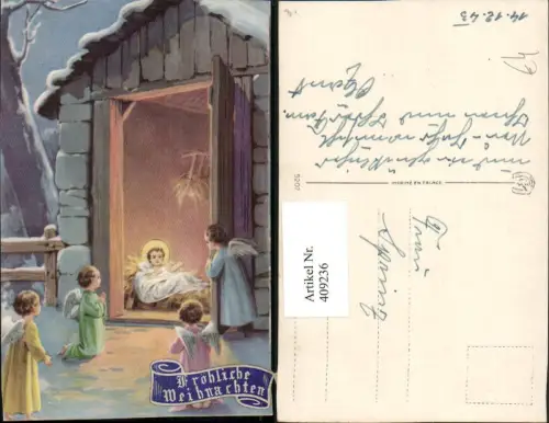 409236,Künstler AK Weihnachten Stall Krippe Jesuskind Engeln