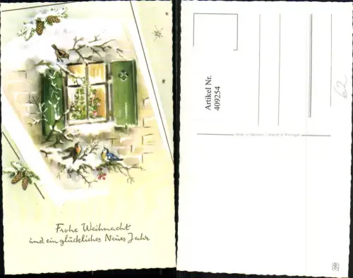 409254,Künstler AK Weihnachten Fenster Vögel Zapfen