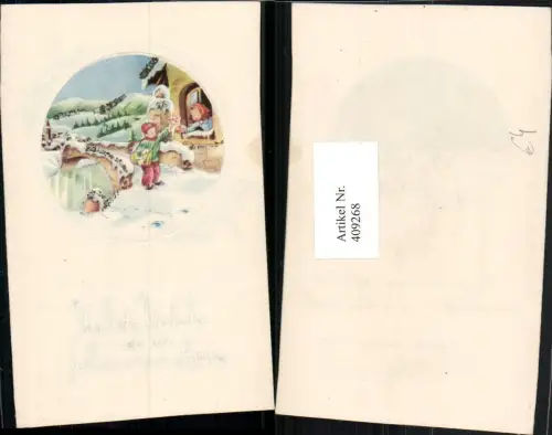409268,Künstler AK klappbares Billett Weihnachten Winterdorf Brücke Postbote