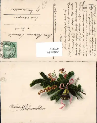 452115,Künstler AK Weihnachten Tannenzweige Glocke Schleife