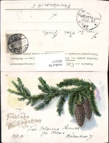 452117,Künstler AK Weihnachten Tannenzweig Zapfen
