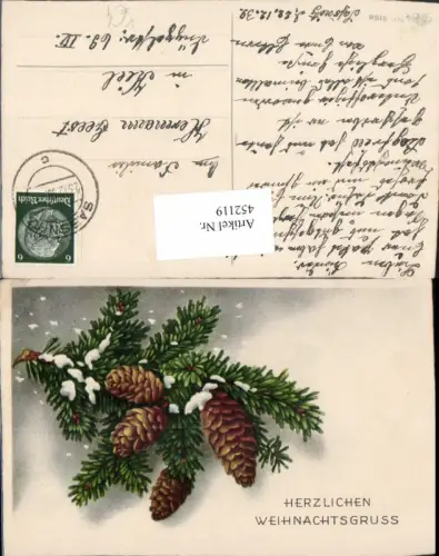 452119,Künstler AK Weihnachten Tannenzweige Zapfen pub Erika 6188