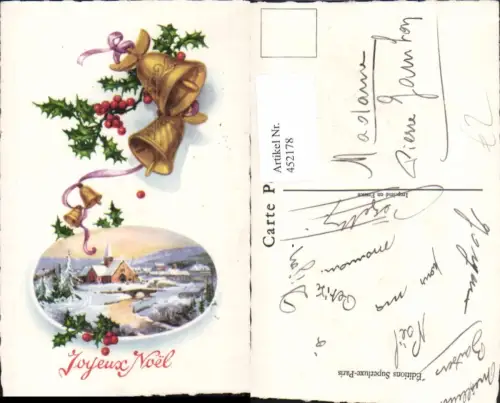 452178,Künstler AK Weihnachten Winterlandschaft Dorf Glocken Stechpalmen