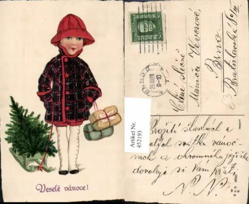 452193,Künstler AK Weihnachten Kind m. Haube Geschenke Rodel Baum