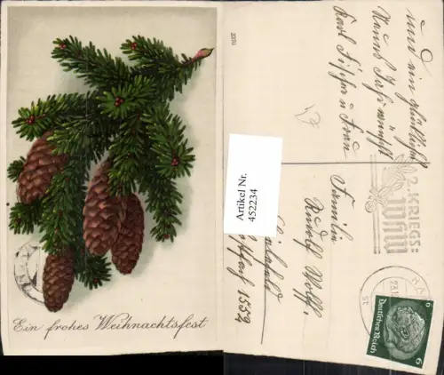 452234,Künstler AK Weihnachten Tannenzweig Zapfen