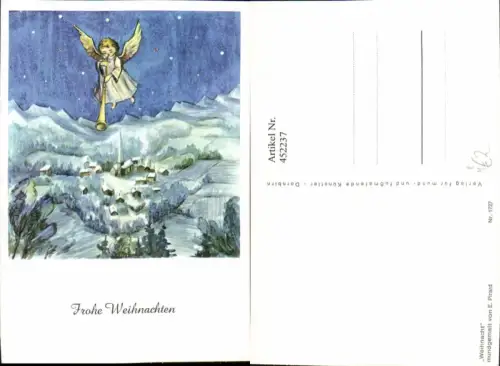 452237,Künstler AK E. Pirard Weihnachten Engel Flöte Winterdorf Bergkulisse