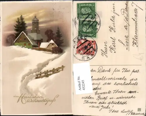 452245,Künstler AK Weihnachten Winterlandschaft Dorf Kirche