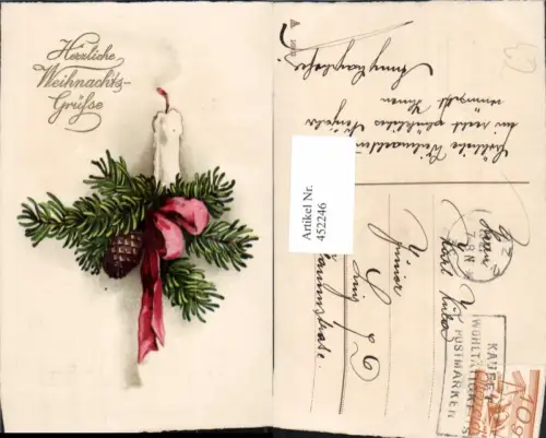 452246,Künstler AK Weihnachten Tannenzweig Kerze Schleife