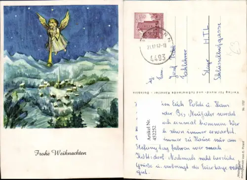 452252,Künstler AK E. Pirard Weihnachten Engel Flöte Winterdorf Bergkulisse