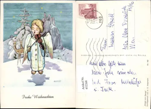 452268,Künstler AK A. E. Stegmann Arnulf Weihnachten Engel Geige Rehe