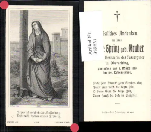 389631,Andachtsbild Heiligenbildchen G. Flatz Jungfrau Heiligenschein Fassergut Oberzeiring 1915