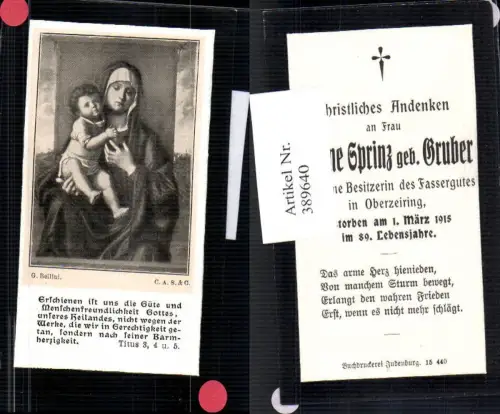 389640,Andachtsbild Heiligenbildchen G. Bellini Jungfrau m. Jesuskind Heiligenschein Fassergut Oberzeiring 1915