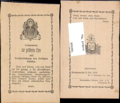 700368 Andachtsbild Heiligenbildchen Mariannhiller Mission Linz