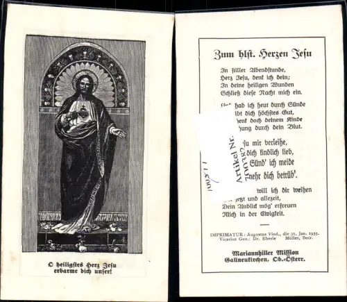 700382 Andachtsbild Heiligenbildchen Herz Jesu Jesus Mariannhiller Mission Gallneukirchen