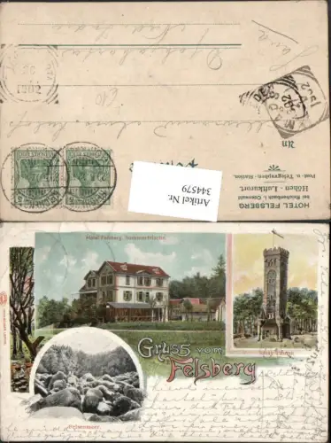344579,Litho Gruß vom Felsberg Hotel Ohly-Turm Aussichtsturm Felsenmeer Mehrbildkarte