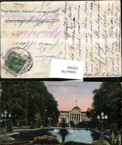 228384,Wiesbaden Neues Kurhaus m. Garten Brunnen Bahnpost Zug 1364