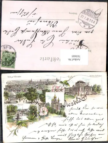 703685 Lithographie Gruss aus Wiesbaden Kurhaus Theater Stp. Olbernhau