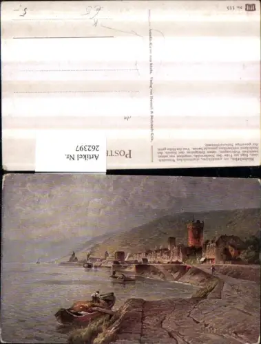 262397,Künstler AK Astudin Rüdesheim am Rhein Teilansicht Turm Ruderboot