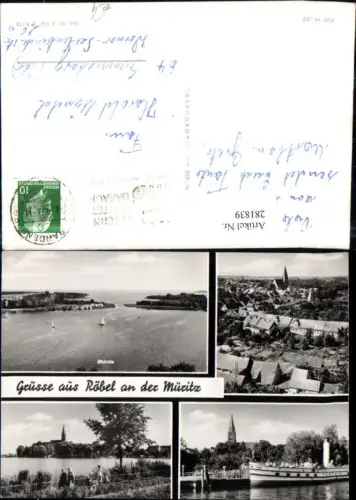 281839,Grüße aus Röbel an d. Müritz Totale Dampfer Fontane Kirchenturm Mehrbildkarte