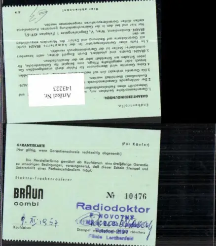 143223,Filiale Lerchenfeld Garantiekarte Stempel Braun 1957