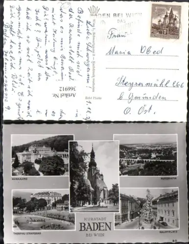 366912,Baden b. Wien Totale Kirche Hauptplatz Strandbad Kasino Mehrbildkarte