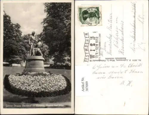 387089,Baden b. Wien Kurpark Lanner-Strauß-Denkmal Festwoche Wien 1952 Stempel