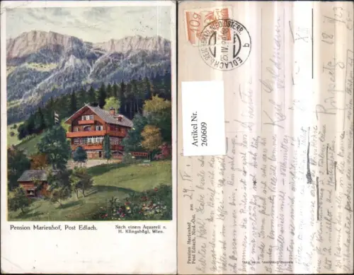260609,Künstler AK H. Klingsbögl Pension Marienhof b. Edlach Bergkulisse