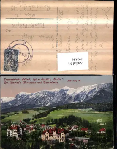 295854,Edlach Totale m. Dr. Konrieds Kuranstalt u. Dependance geg. Rax Bergkulisse