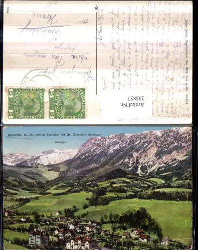 295857,Edlach Totale m. Dr. Konrieds Kuranstalt geg. Raxalpe Bergkulisse