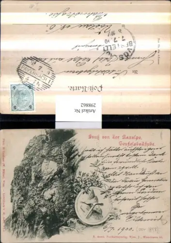 298862,Litho AK Gruß von d. Raxalpe Teufelsbadstube b. Reichenau Leiter Eispickel