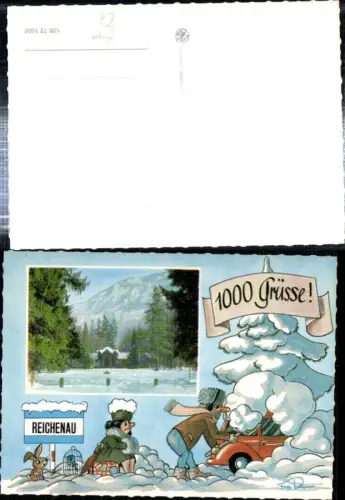 308627,Künstler AK Ropa Reichenau an d. Rax Bergkulisse Winterbild Passepartout Paar Auto Hase