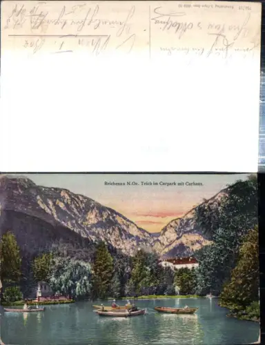 308922,Reichenau an d. Rax Teich im Kurpark m. Kurhaus Ruderboote Bergkulisse