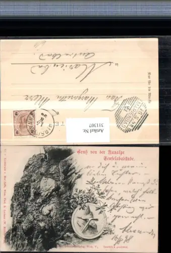 311307,Litho Gruß von d. Raxalpe Teufelsbadstube b. Reichenau Leiter Eispickel