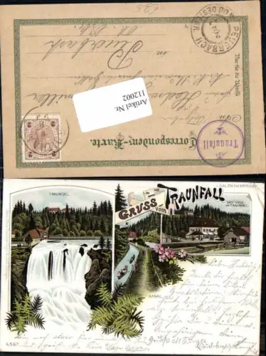 112002,Tolle Seltene Litho Gruss vom Traunfall Gasthaus Gmunden Roitham 1897