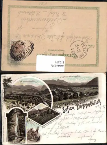 112391,Tolle Seltene Litho Gruss aus Ischl Sofien Doppelblick Restauration Gasthaus 1890