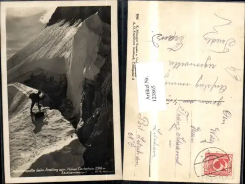 123865,Gletscherspalte beim Anstieg z. Hohen Dachstein Ansicht m. Bergsteiger 1933