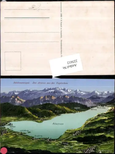 225612,Attersee aus d. Vogelschau Seewalchen Abtsdorf Nussdorf Unterach St. Georgen Dachstein pub F. E. Brandt 1300